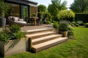 Escalier en bois menant a un jardin luxuriant