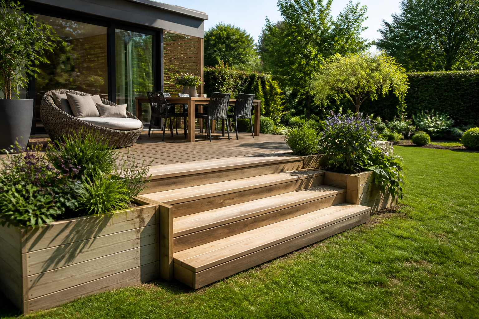 Escalier en bois menant a un jardin luxuriant