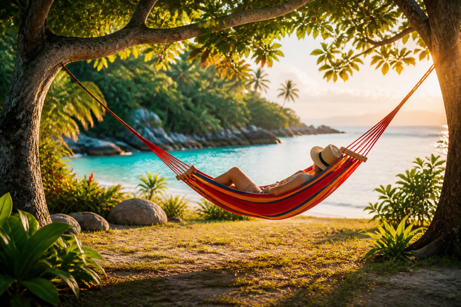 Detente tropicale dans un hamac colore