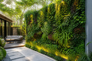 Mur vegetal luxuriant dans un jardin moderne