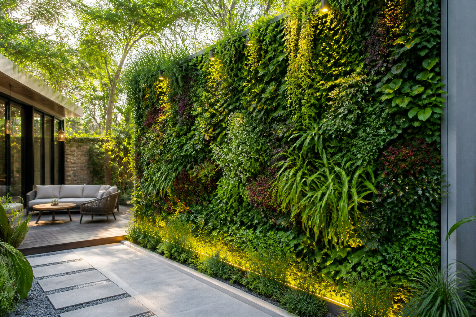 Mur vegetal luxuriant dans un jardin moderne
