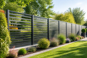 Cloture aluminium moderne dans un jardin luxuriant
