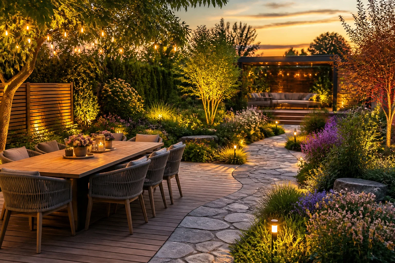 Jardin moderne illumine au crepuscule