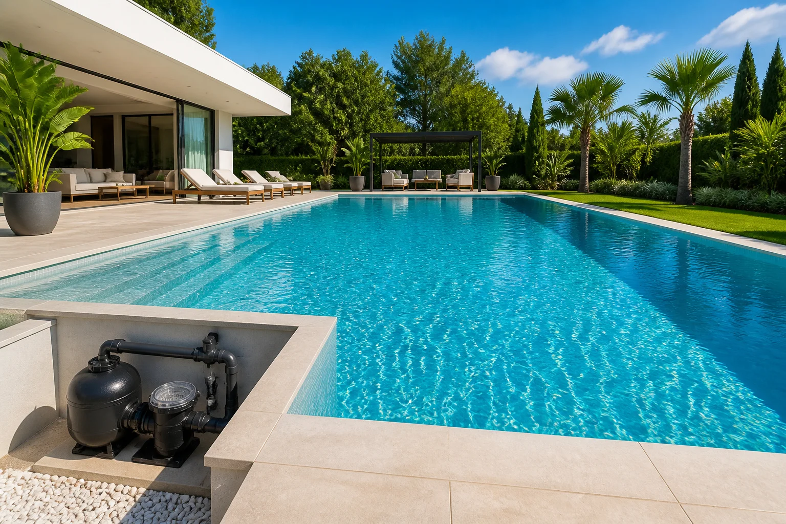 Piscine moderne et luxueuse sous le soleil