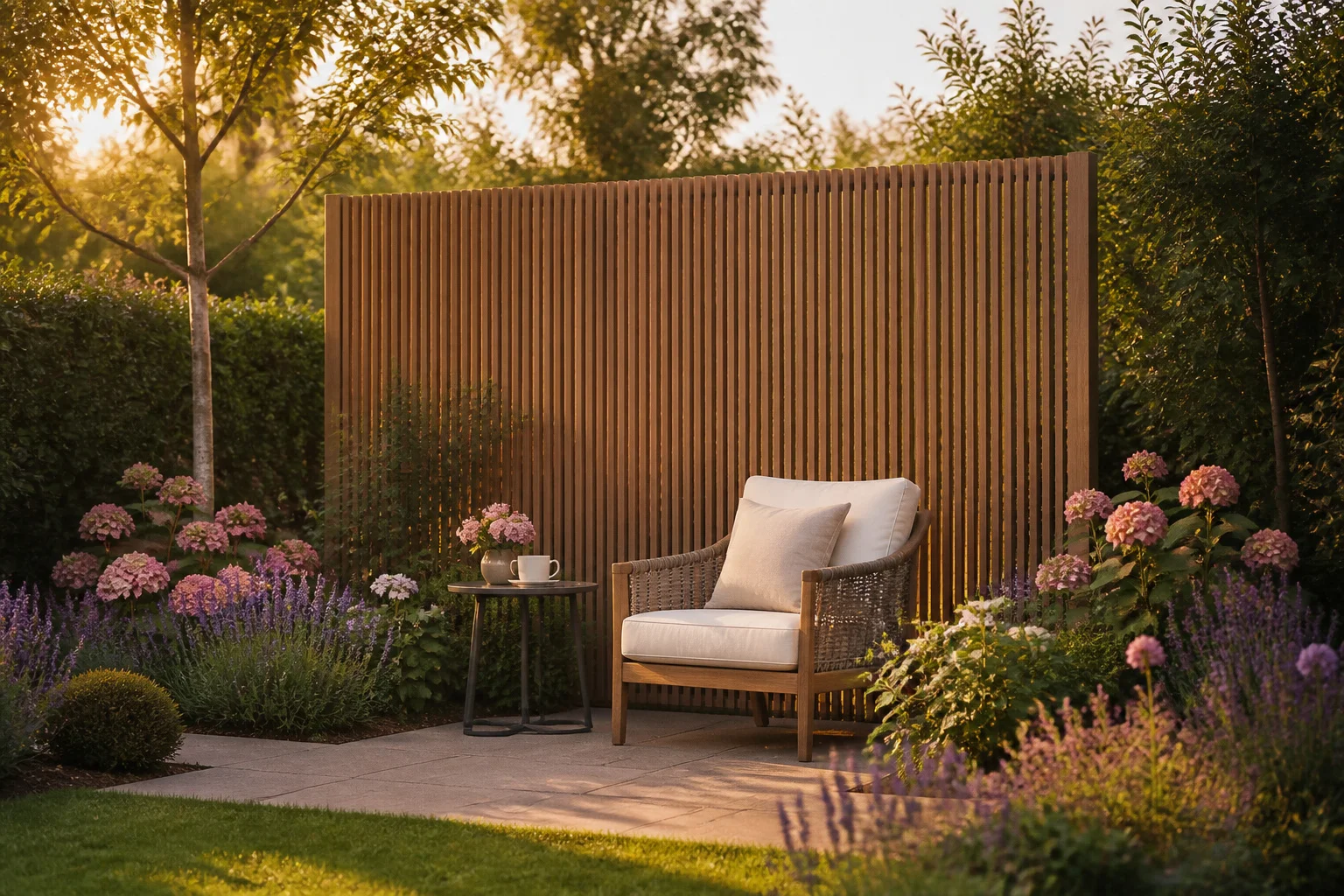 Jardin moderne paisible avec coin salon