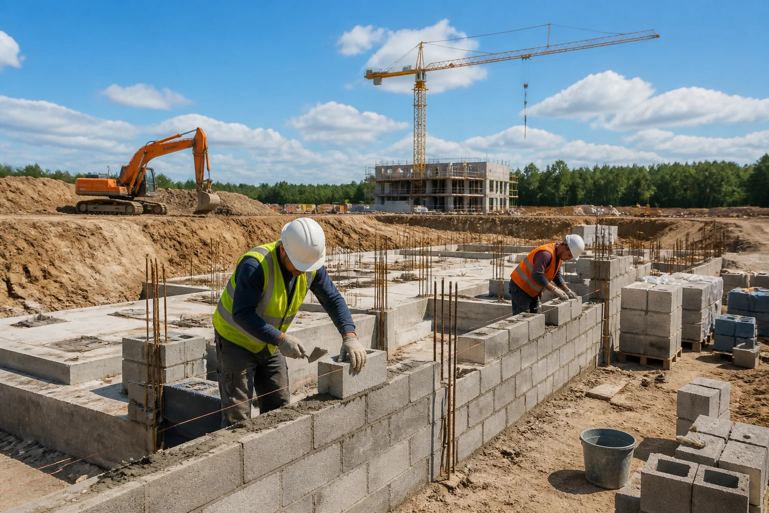 Chantier de construction pose de blocs