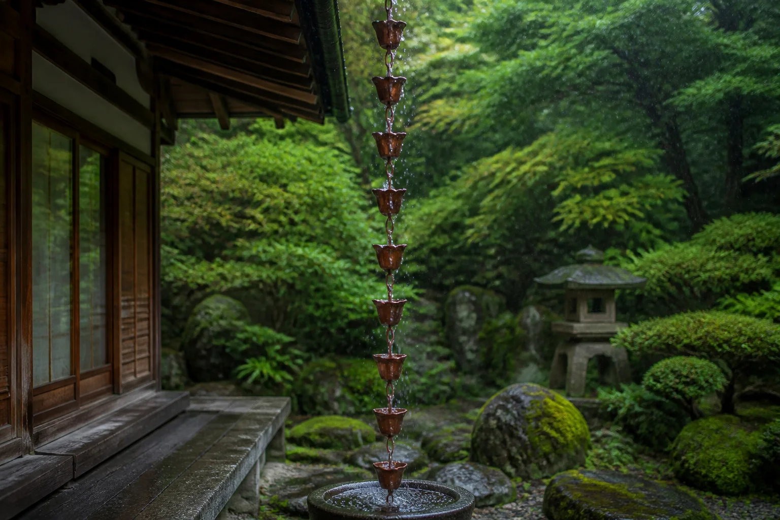 Chaine de pluie japonaise en cuivre patine