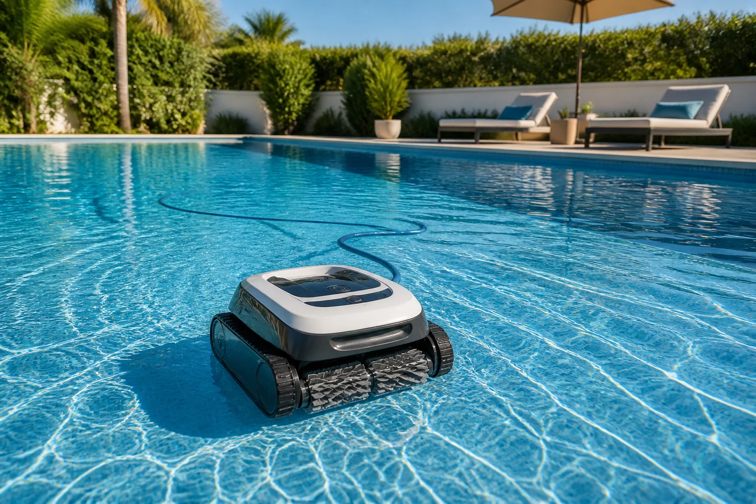 Robot nettoyeur de piscine en action