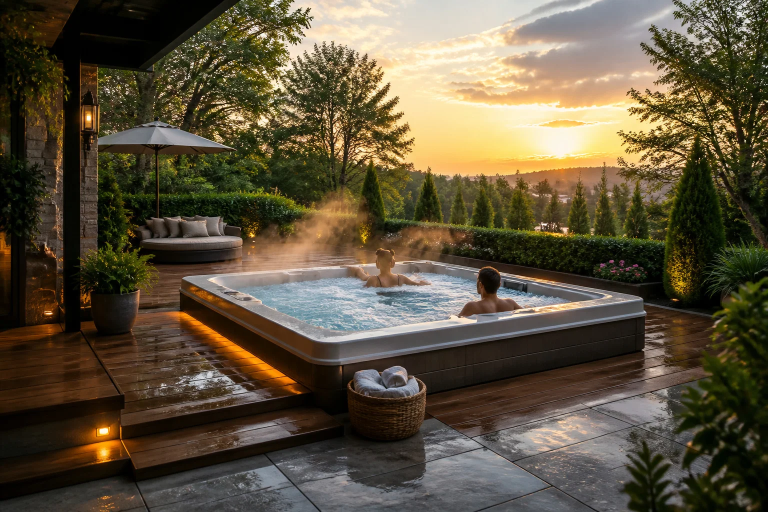 Spa de luxe en plein air au coucher du soleil