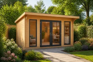 Chalet de jardin en bois baigne de soleil